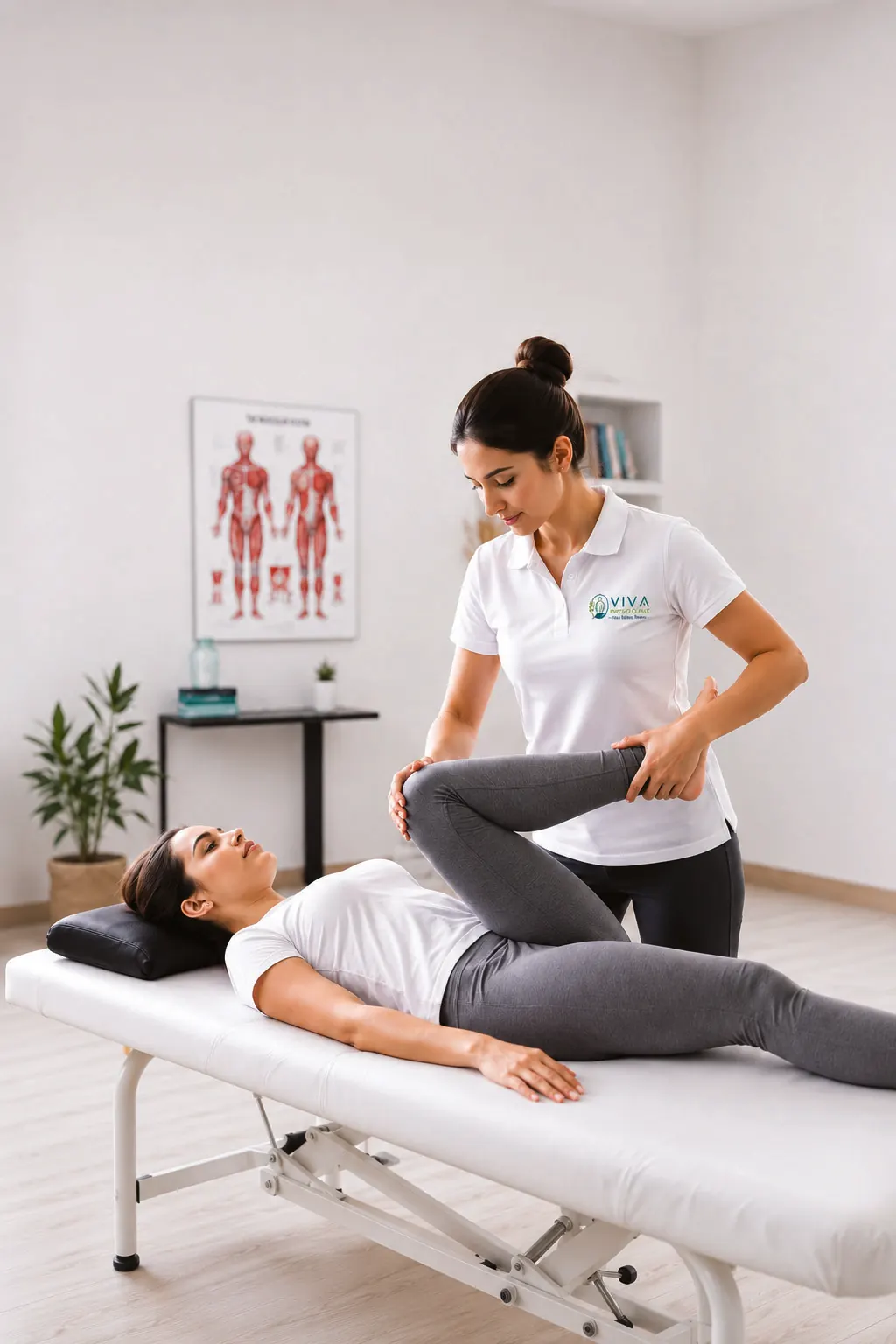 Dr. Vaishali Rauniyar mobilising a patient's hip on the treatment couch